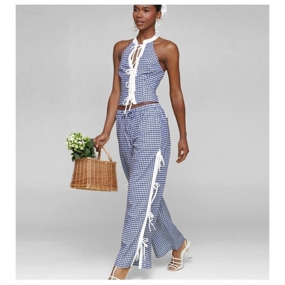Avec Les Filles Side Tie Gingham Drawstring Pants XS Navy White Gingham NWT - Picture 4 of 16